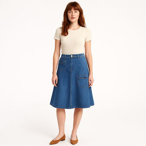 Vintage 70s A-Line Denim Midi Skirt Utility Pockets, Adjustable Waist 26-27” (S)